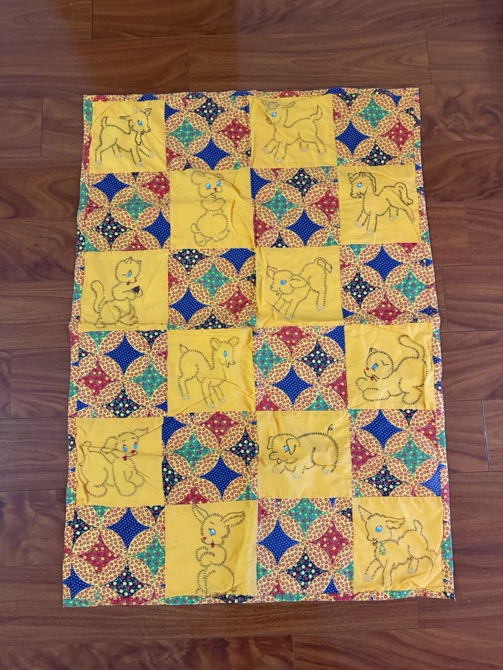 Handmade Quilted Patchwork Quilt Yellow Squares Animal Nursery 28”x40” Nursery